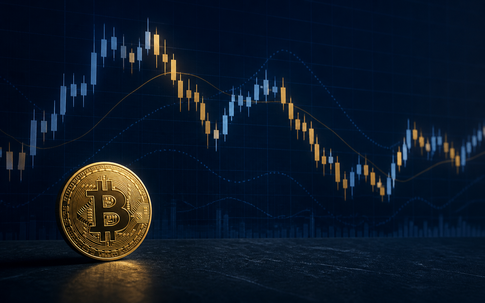 Illustration of a Bitcoin coin with a blue and gold candlestick chart