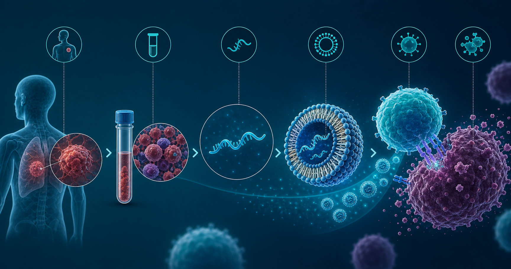 종양 조직 분석부터 개인맞춤형 mRNA 치료 설계와 T세포 반응까지의 과정을 보여 주는 개념 인포그래픽