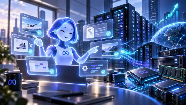 AI 에이전트가 여러 작업을 수행하고 데이터센터의 CPU·메모리·서버 인프라로 연결되는 모습을 표현한 이미지