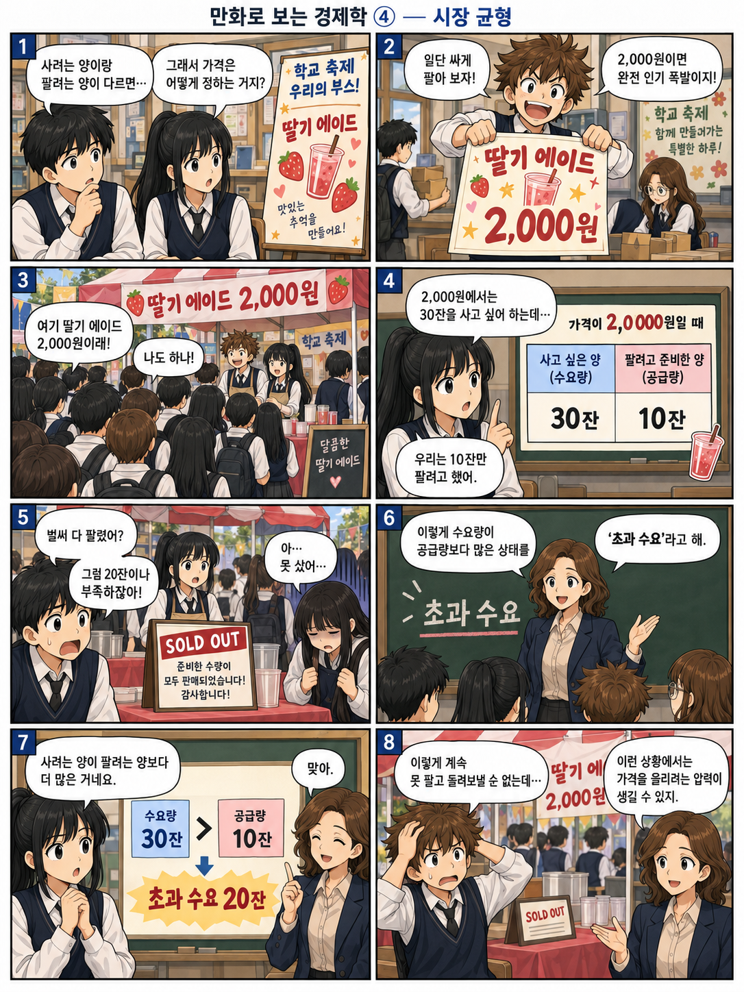 학교 축제 딸기 에이드를 2,000원에 팔아 초과 수요가 발생하는 시장 균형 만화 1페이지