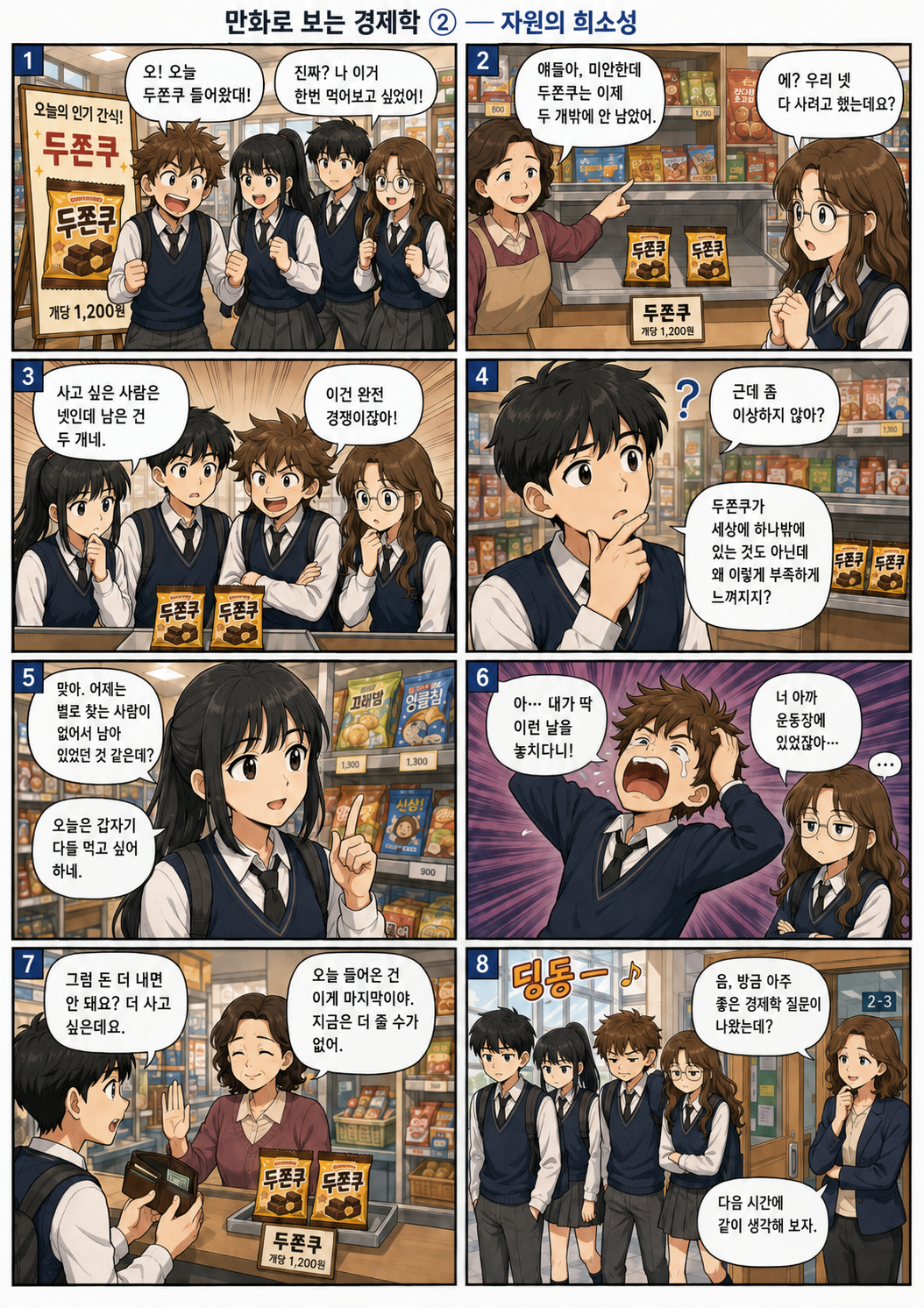 학교 매점의 두쫀쿠 두 개를 네 명의 학생이 사고 싶어 하며 자원의 희소성을 생각하는 만화 1페이지