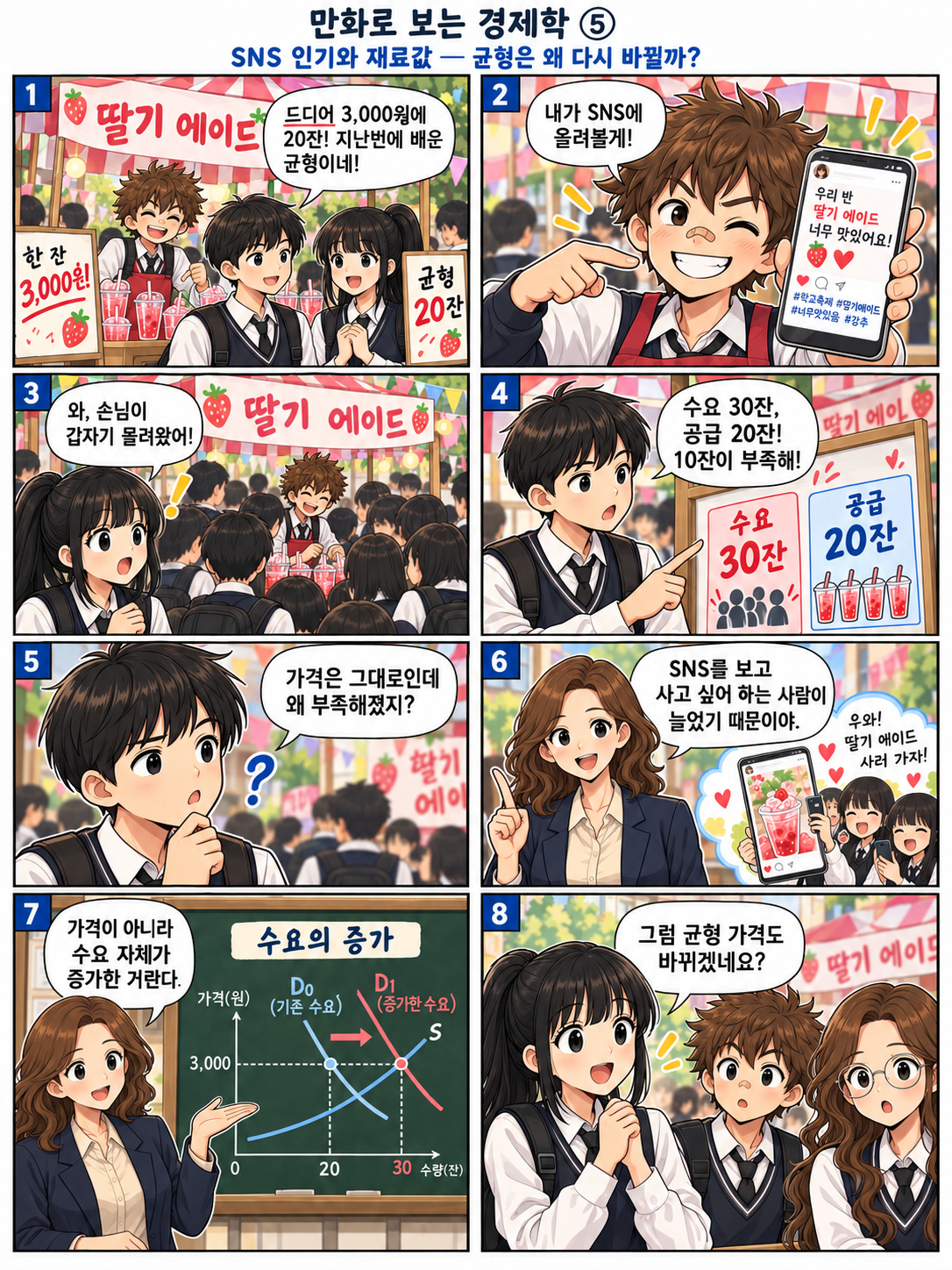딸기 에이드가 SNS에서 인기를 얻자 3,000원에서 수요량 30잔, 공급량 20잔으로 부족이 생기고 수요곡선이 이동하는 경제학 만화 1페이지