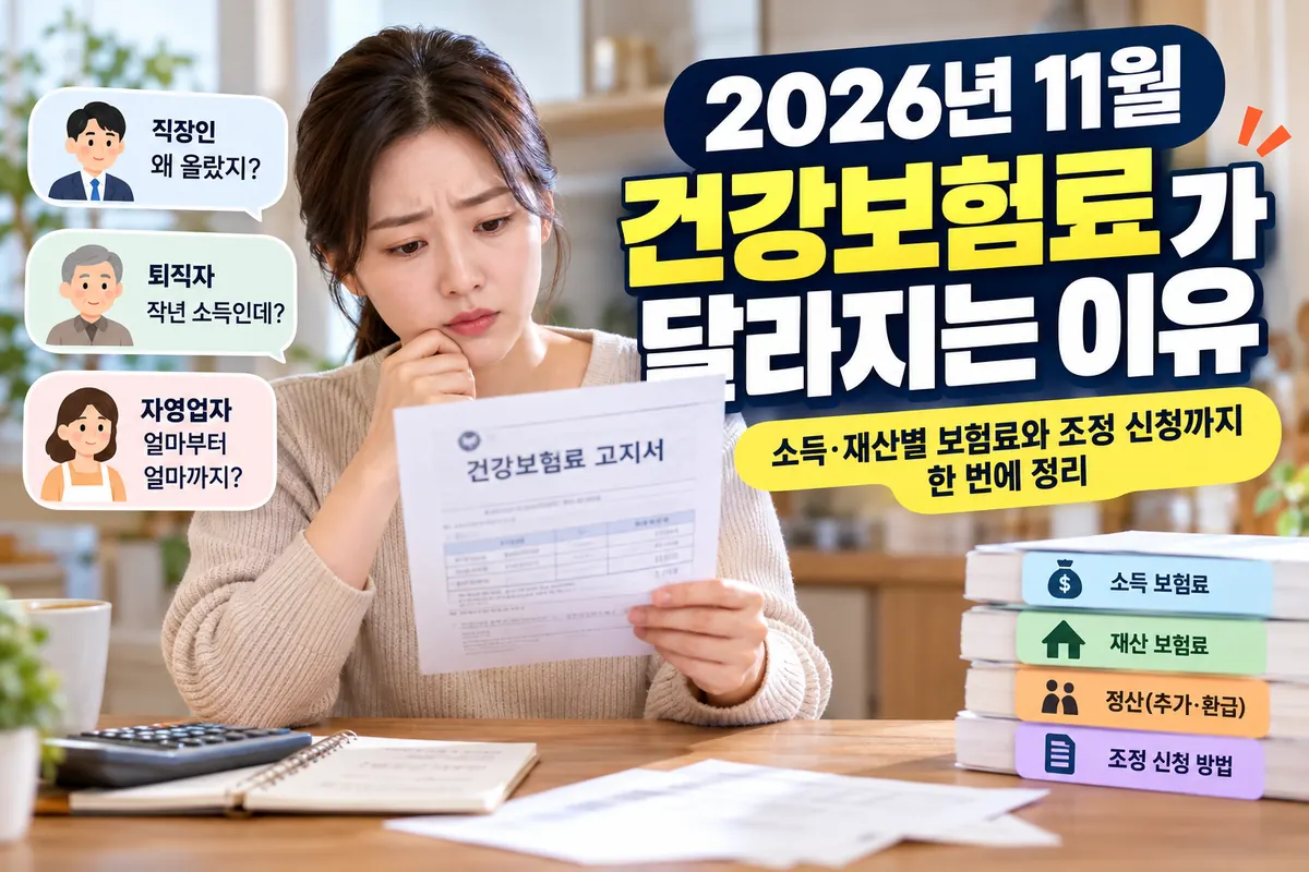2026년 11월 건강보험료 고지서를 살펴보는 사람과 직장인·퇴직자·자영업자 질문을 보여 주는 설명 이미지