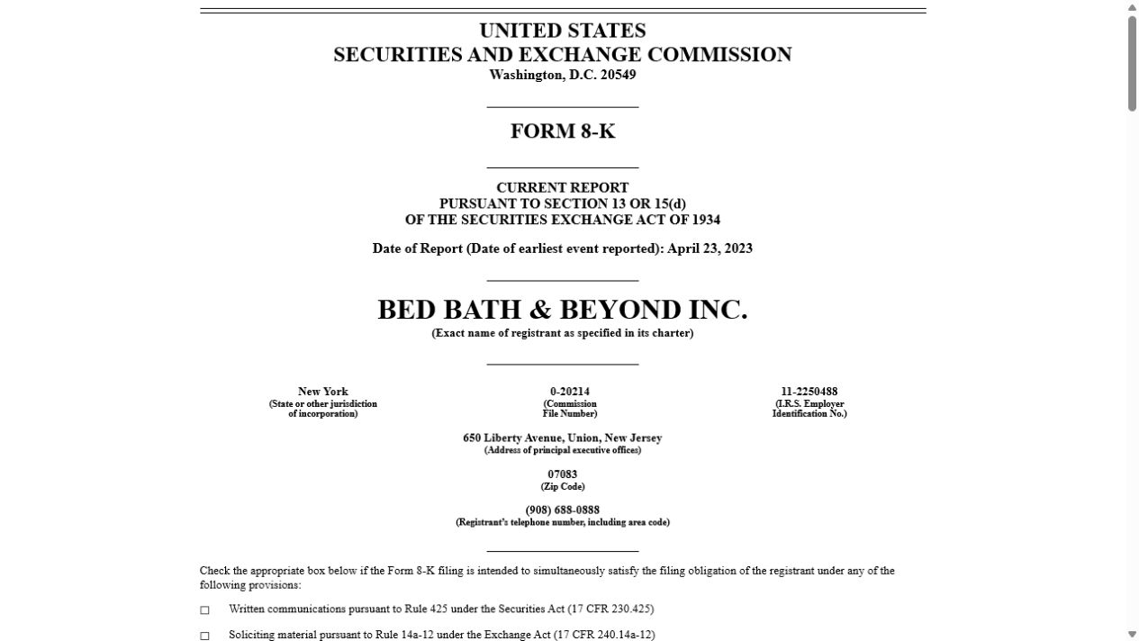 SEC EDGAR에 제출된 Bed Bath & Beyond 2023년 4월 23일 보고일 Form 8-K 표지