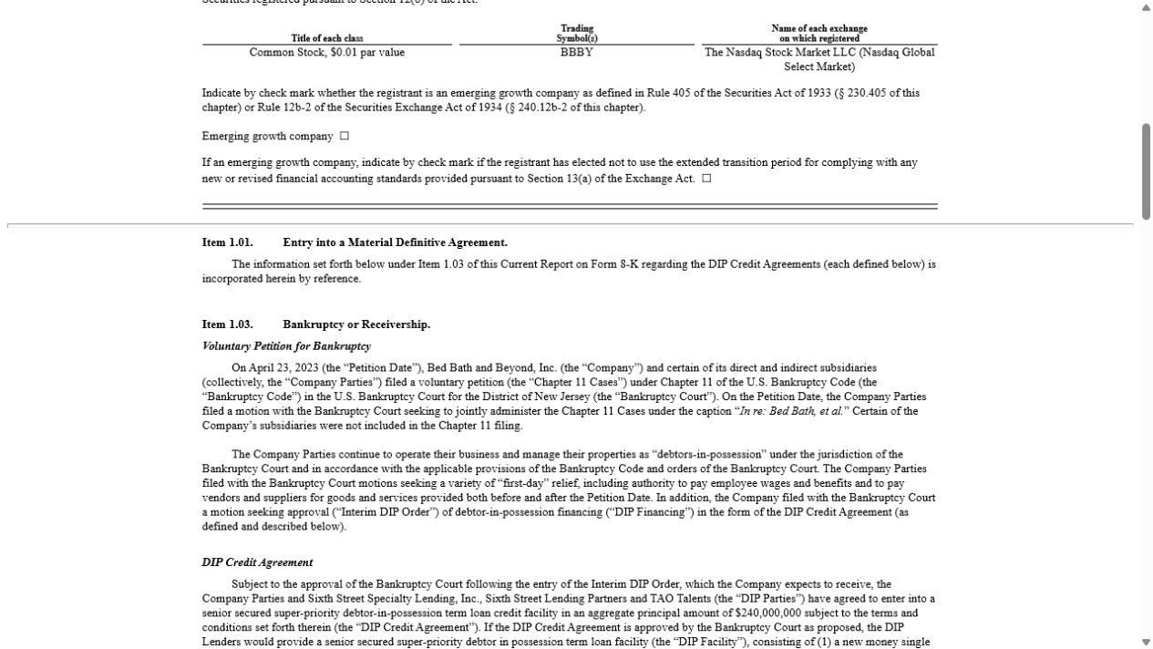 SEC EDGAR Form 8-K의 Item 1.03 Voluntary Petition for Bankruptcy 및 DIP Credit Agreement 원문