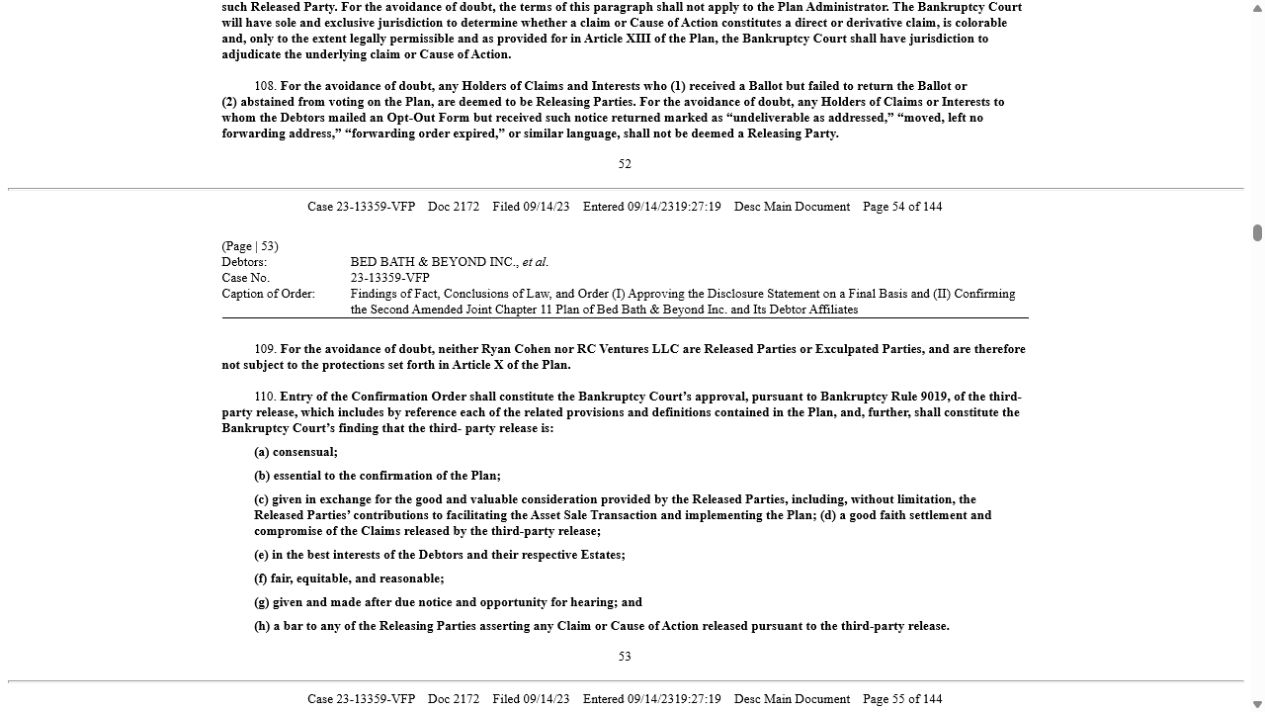 SEC EDGAR Confirmation Order에 Ryan Cohen과 RC Ventures가 Released Parties 또는 Exculpated Parties가 아니라고 적힌 원문